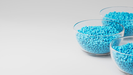 Glass cups with cyan plastic polypropylene granules, masterbatch polymer grain, on white backdrop. HDPE or PVC resin pellets. 3d render illustration