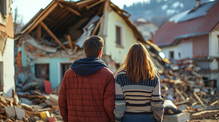 Fototapeta premium Unhappy individuals observing a destroyed house after an earthquake, expressing despair and tragedy.