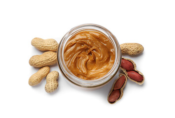 Tasty peanut butter in bowl and groundnuts isolated on white, top view