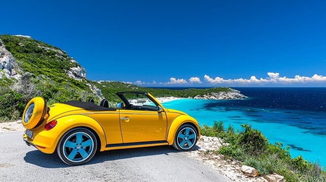 Scenic Seaside Road Trip in a Bright Yellow Car