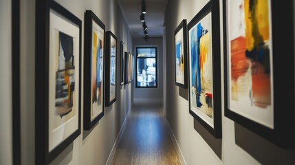 A gallery-style hallway with black frames displaying abstract prints in various sizes.