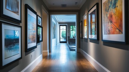 A gallery-style hallway with black frames displaying abstract prints in various sizes.