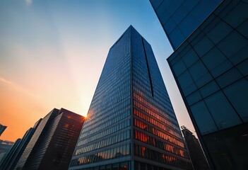Towering Skyscraper at Sunset: Glass and Steel Cityscape