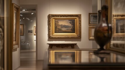 A gold ornate picture frame hanging in a gallery with soft lighting creating a classic ambiance.