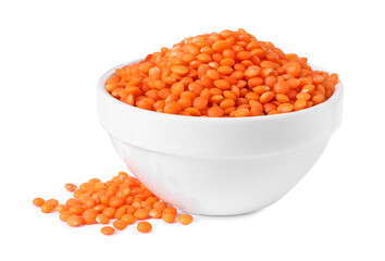 Raw lentils in bowl isolated on white