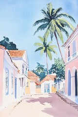 Gouache illustration of a sunny morning in Mozambique, vintage vogue style, perfect for travel or lifestyle designs Generative AI