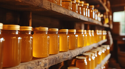 Shelves filled with jars of golden honey, creating a warm ambiance in a rustic setting.