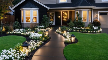 The charming home features an inviting front walkway lined with glowing lanterns, elegant stone pavers, lush landscaping, and colorful flowers under the evening sky