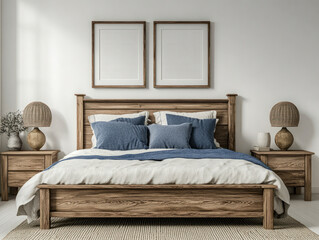 Rustic bedroom with wooden furniture and blue accents