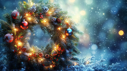 Fototapeta premium Christmas wreath glowing with small lights, snowy setting in the background, festive atmosphere with vibrant colors