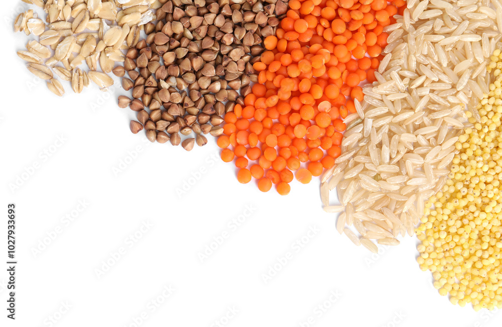 Poster Different grains and cereals isolated on white, top view