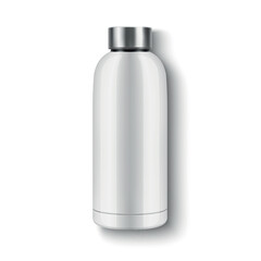 Vector Realistic 3D White Blank Glossy Reusable Water Bottle with Silver Bung Closeup Isolated. Design Template of Packaging Mockup. Front View