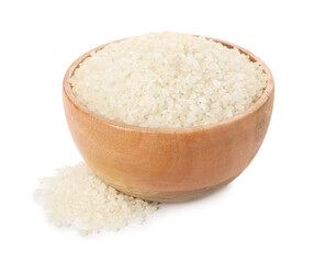 Raw rice in wooden bowl isolated on white