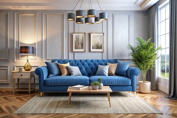 Fototapeta premium Interior of living room with blue sofa 