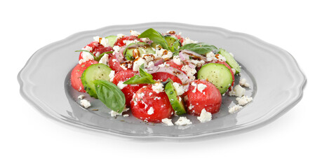 Delicious watermelon salad with feta cheese, vegetables and spices isolated on white