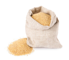 Raw wheat groats in sack isolated on white