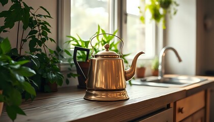 Golden Teapot on Wooden Counter - Vintage-Style Tea Set