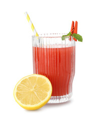 Tasty watermelon drink in glass and lemon isolated on white
