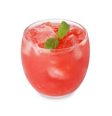 Tasty watermelon drink in glass and mint isolated on white