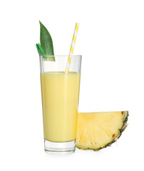 Tasty pineapple smoothie in glass and slice of fruit isolated on white