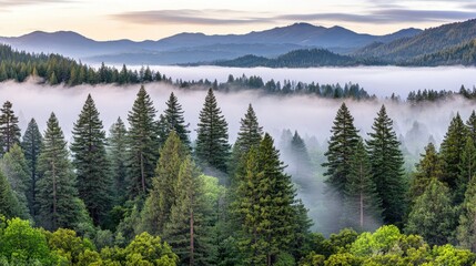A serene mist blankets the towering redwood forest in California, creating an ethereal atmosphere as fog drifts among the trees and mountains in the distance