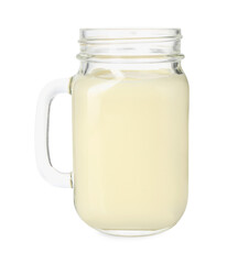 Tasty pineapple smoothie in mason jar isolated on white