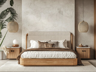 Modern boho bedroom with natural elements and neutral tones