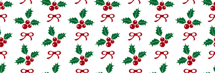 Christmas banner with holly berries and a bow. Seamless pattern.