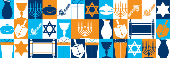 Jewish holiday Hanukkah, collage with symbols for Hanukkah. Menorah, Dreidel, Candles, Sufganiyot, Star of David and more.