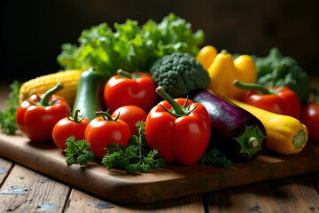 Vibrant Vegetable and Fruit Medley: Fresh Greens, Reds, Yellows, and Purples.