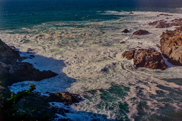 Challenging Northern California Coast of Jagged Cliffs and Rocky Shores Under Assault by Waves
