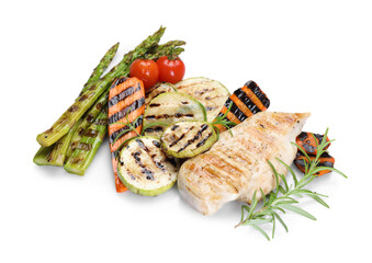 Delicious grilled vegetables and chicken breast isolated on white