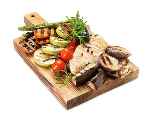 Delicious grilled vegetables and chicken breast isolated on white