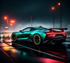 Obraz premium Futuristic concept of hypercar. Against the background of a futuristic city in a new light. Cyberpunk style. Sports cars supercars. Exotic.