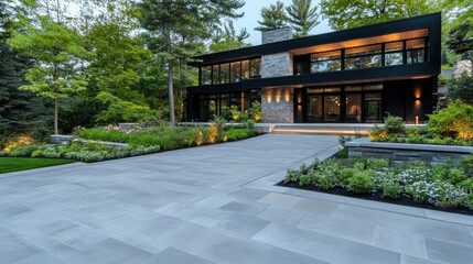 Fototapeta premium A welcoming home features a stone walkway illuminated by lanterns, surrounded by greenery and white flowers, creating an inviting atmosphere at dusk