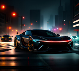 Fototapeta premium Futuristic concept of hypercar. Against the background of a futuristic city in a new light. Cyberpunk style. Sports cars supercars. Exotic.