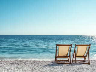 Fototapeta premium Two Wooden Lounge Chairs on a Peaceful Beach