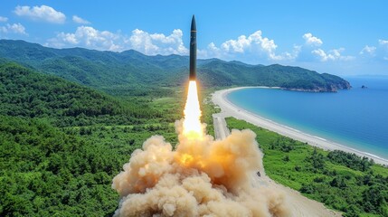 Powerful Missile Launch from Coastal Military Site