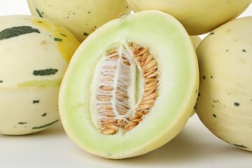Fresh ripe honeydew melons on white background, closeup