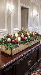 A beautifully arranged Christmas centerpiece sits on a vintage dresser, showcasing candles surrounded by lush greenery and vibrant red ornaments, perfect for holiday celebrations