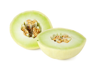 Cut fresh ripe honeydew melon isolated on white