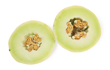 Cut fresh ripe honeydew melon isolated on white, above view