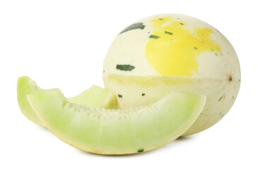 Whole and cut fresh ripe honeydew melons isolated on white