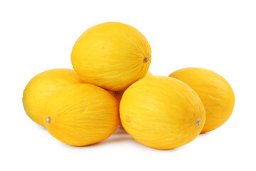Many whole ripe melons isolated on white