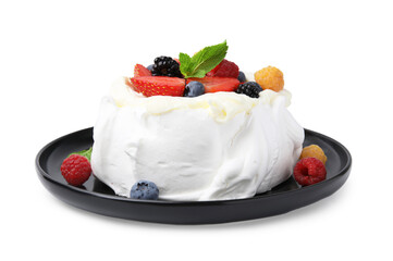 Pavlova cake (meringue dessert) with whipped cream, fresh berries and mint isolated on white