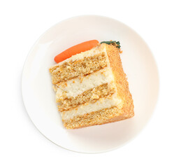 Piece of delicious carrot cake isolated on white, top view