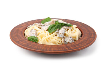 Delicious pasta with mushrooms and basil isolated on white