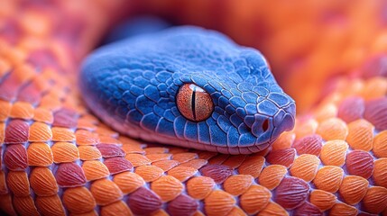 Fototapeta premium Close-up of a blue and orange snake's head with a red spot on its eye