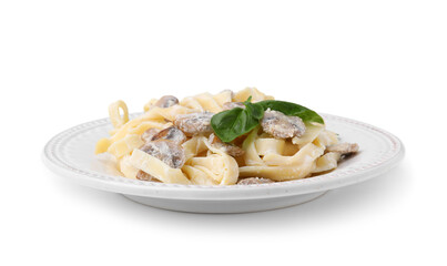 Delicious pasta with mushrooms and basil isolated on white