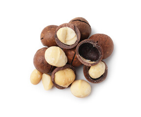 Macadamia nuts with shells isolated on white, top view